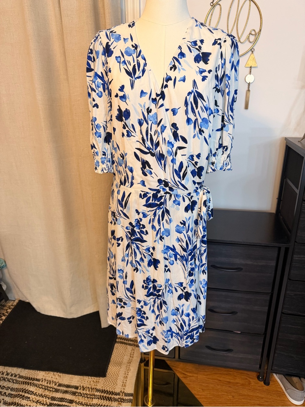 Banana Republic Blue and White Floral Wrap Midi Dress with Side Tie